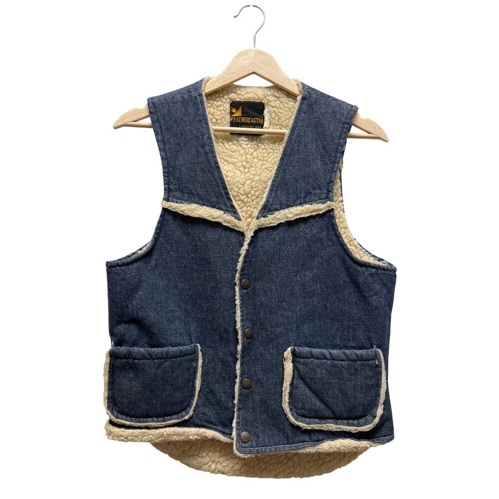 Weathercaster Vintage 70's Denim Sherpa Lined Western Vest - Picture 2 of 7